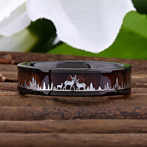 Tungsten Deer Family Ring with Natural Rosewood Inlay - 6mm Width - TCR125