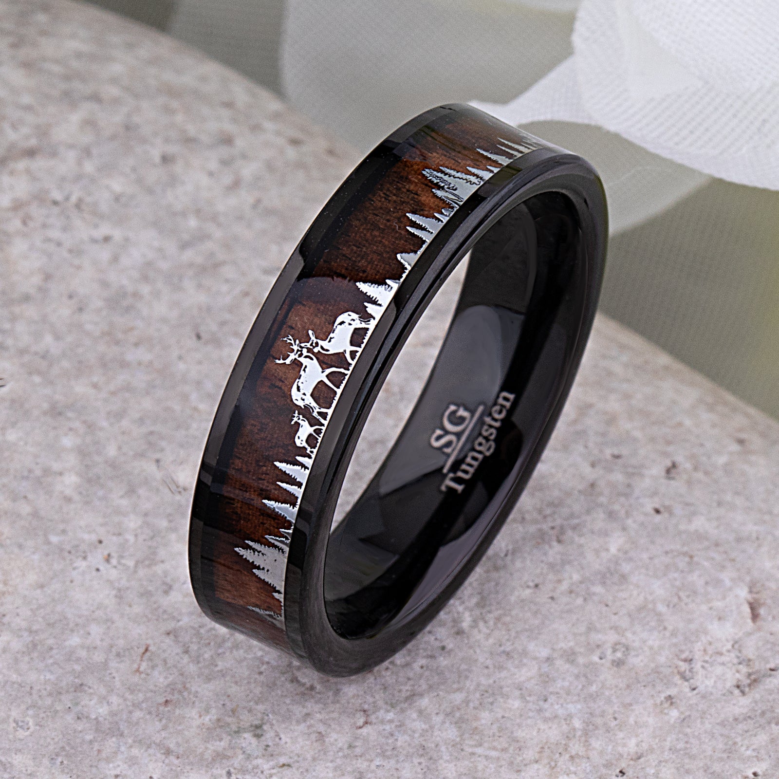 Tungsten Deer Family Ring with Natural Rosewood Inlay - 6mm band showcasing deer motif and forest design.