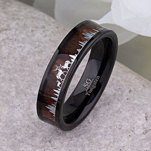 Tungsten Deer Family Ring with Natural Rosewood Inlay - 6mm Width - TCR125