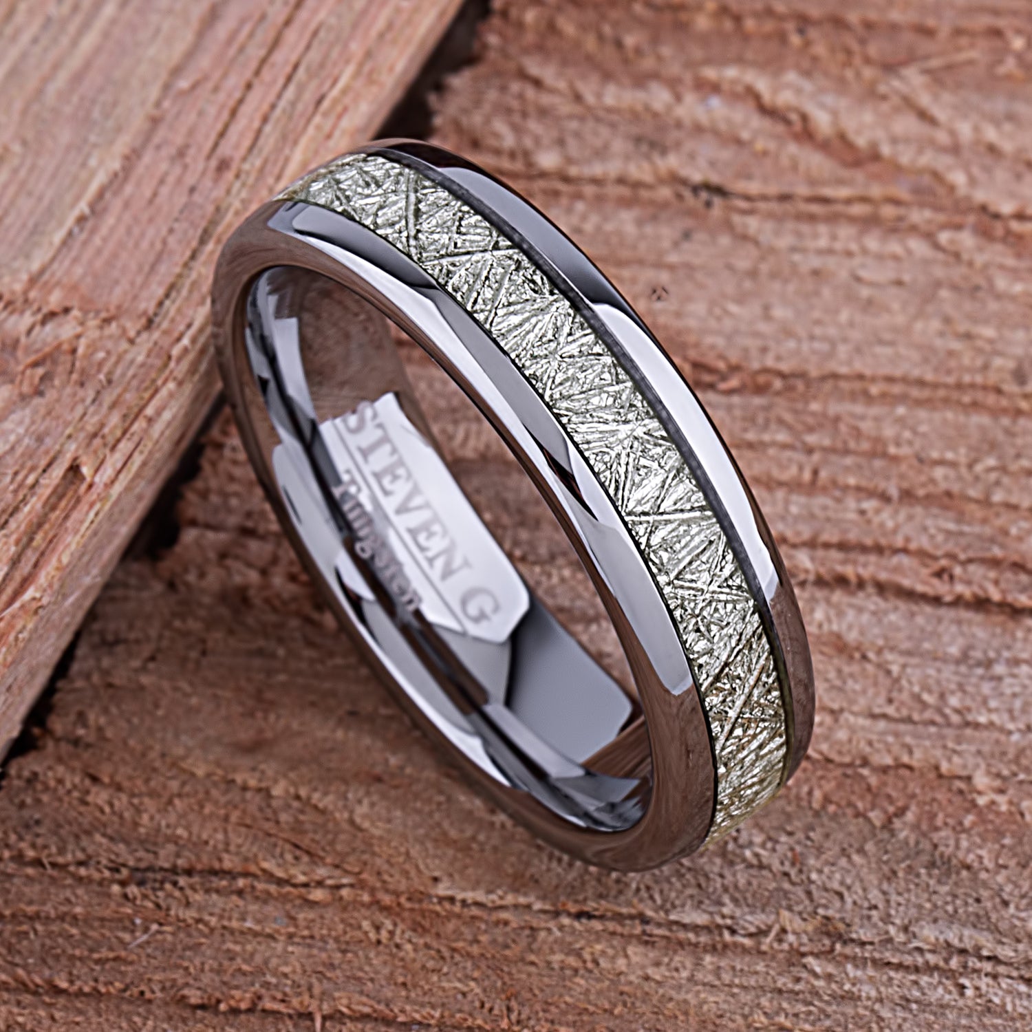 Mens tungsten meteorite wedding shop bands