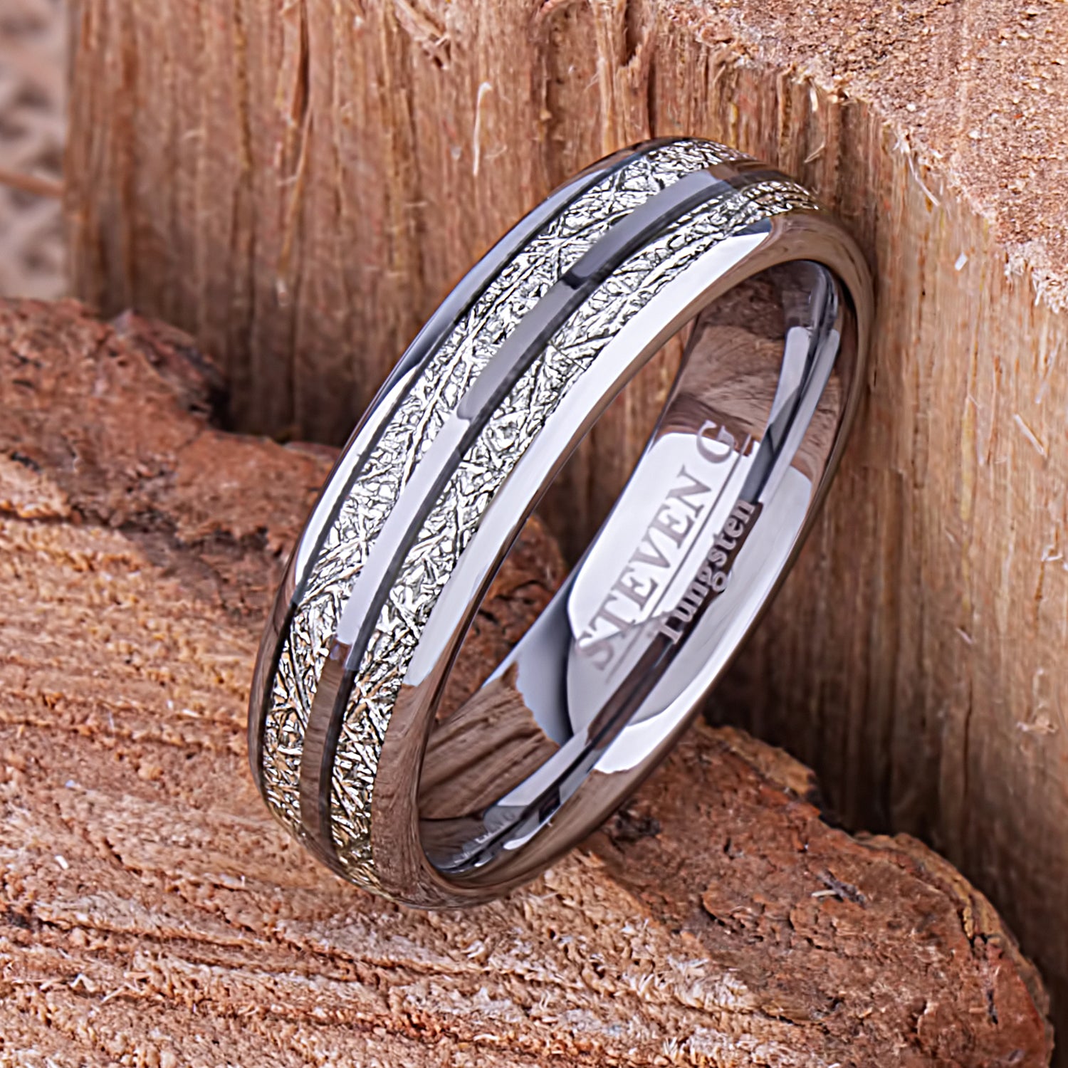  Tungsten Ring with Man Made Meteorite - 6mm Width