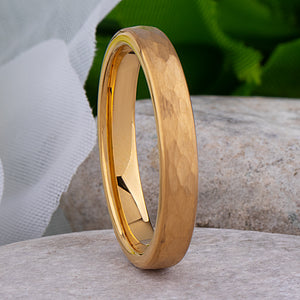 Tungsten Ring with Hammered Yellow Gold - 4mm Width - TCR158