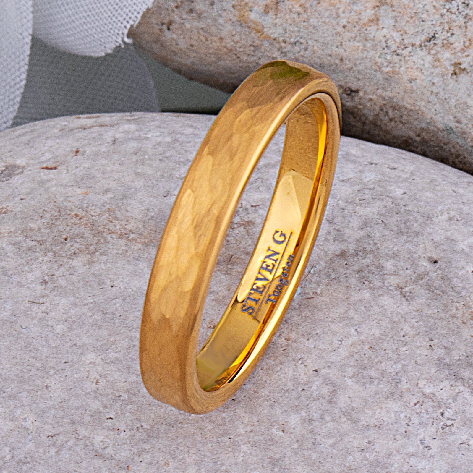 Tungsten Ring with Hammered Yellow Gold - 4mm Width - TCR158