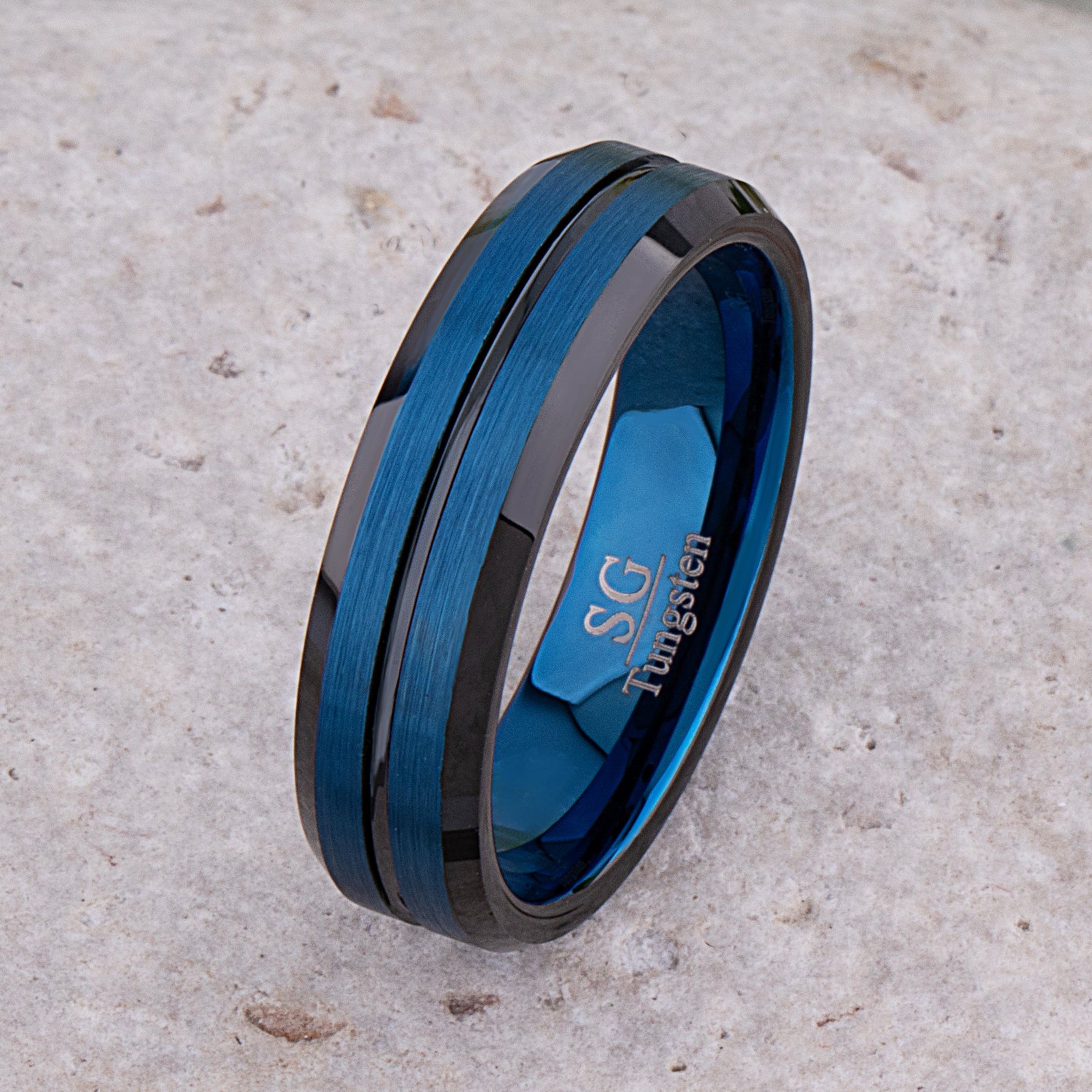  Blue with Black Tungsten Ring - 6mm Width