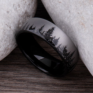 Tungsten Ring with Pine Tree Design in Two-Tone Finish - 8mm Width - TCR179