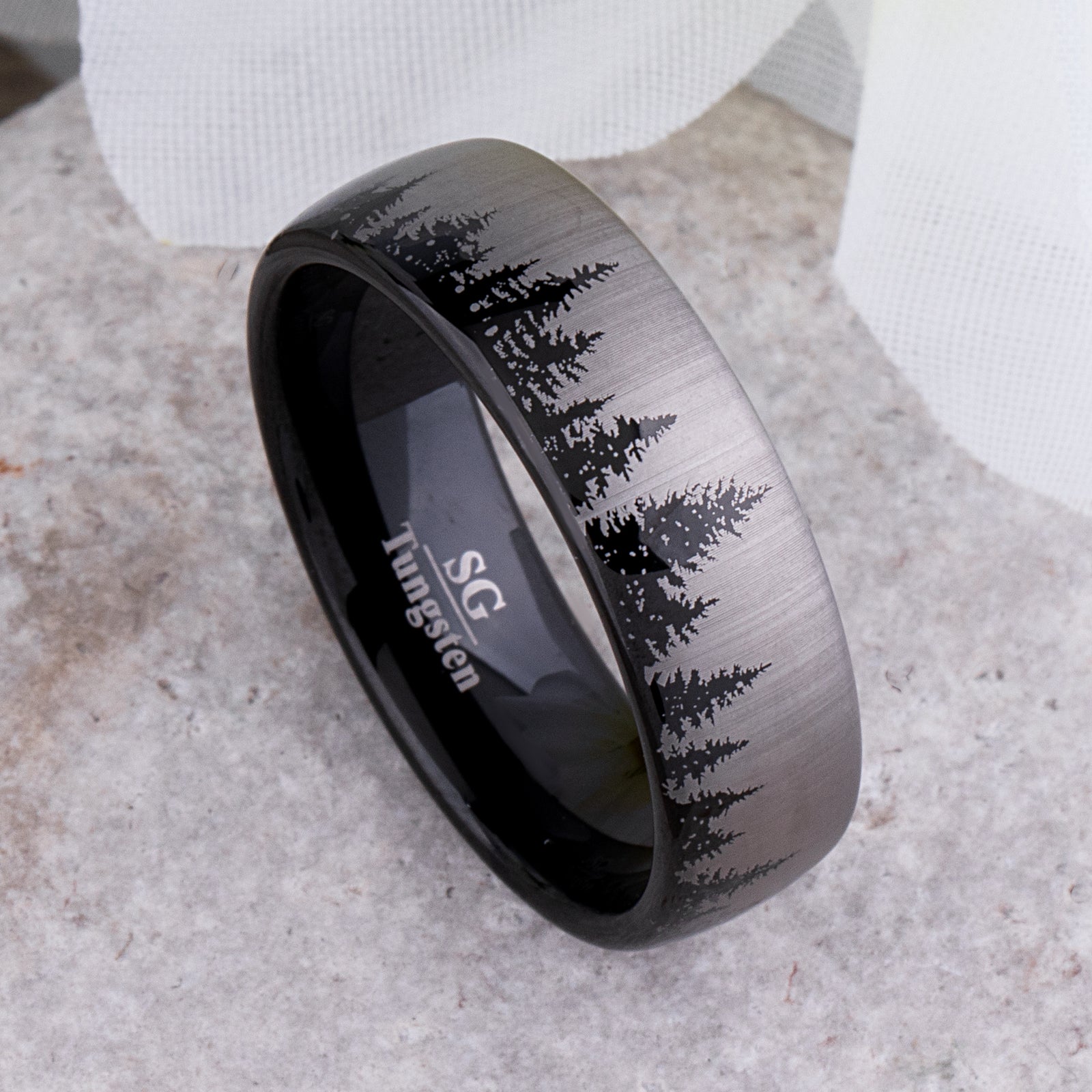 Tungsten Ring with Pine Tree Design in Two-Tone Finish - 8mm Width - TCR179