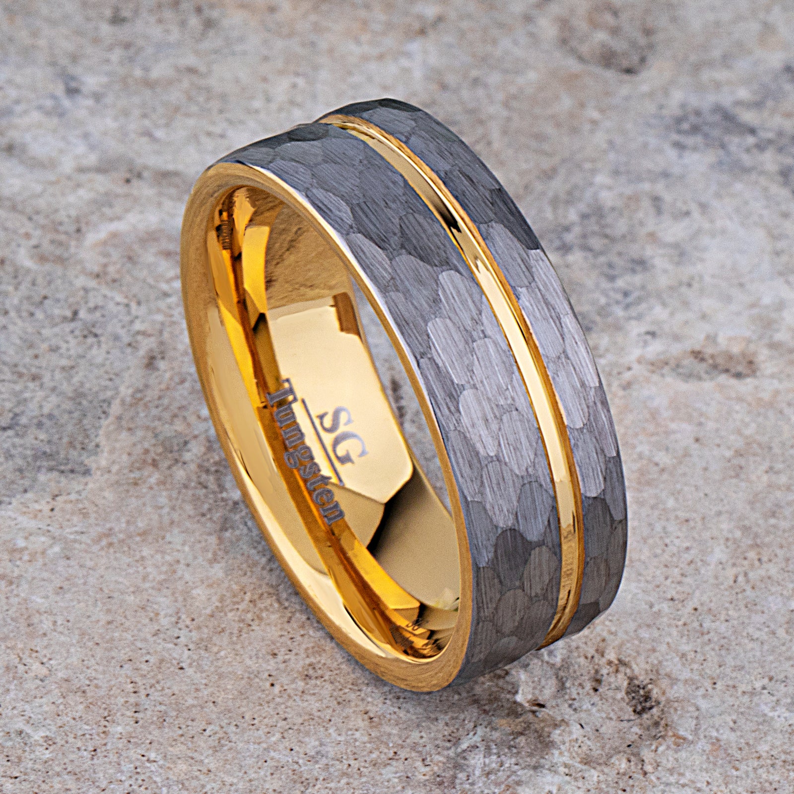 Tungsten Carbide Wedding Band 8mm Wide Satin Finish with Silver and Yellow Gold Contrasting Colors