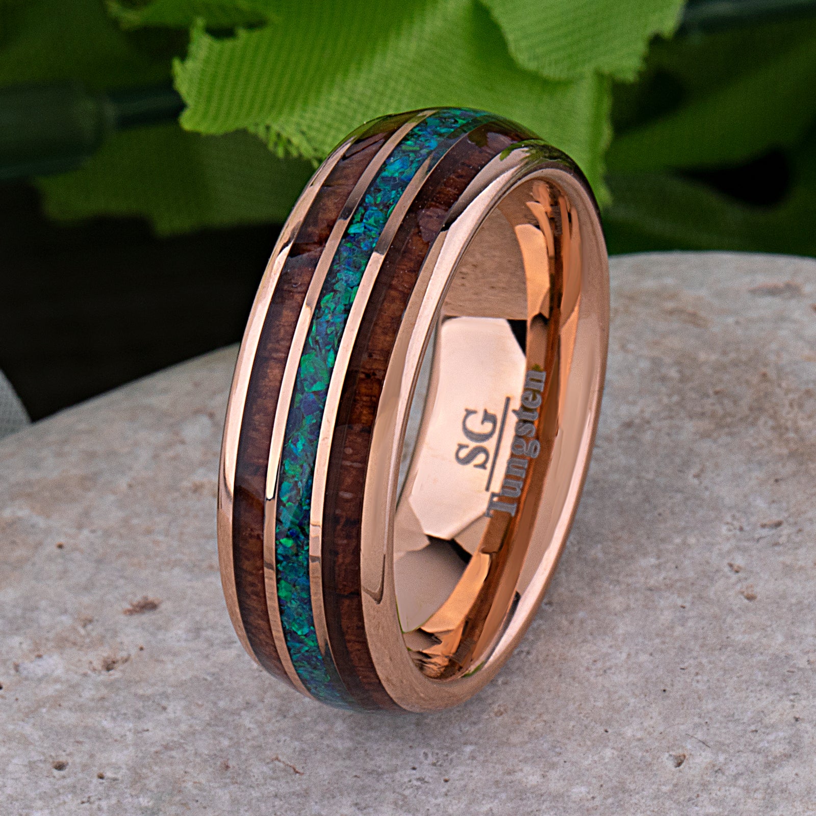 Rose Gold Tungsten Wedding Band 8mm with Opal and Padauk Wood Inlay, Anniversary Engagement Promise Ring, Gift for Him