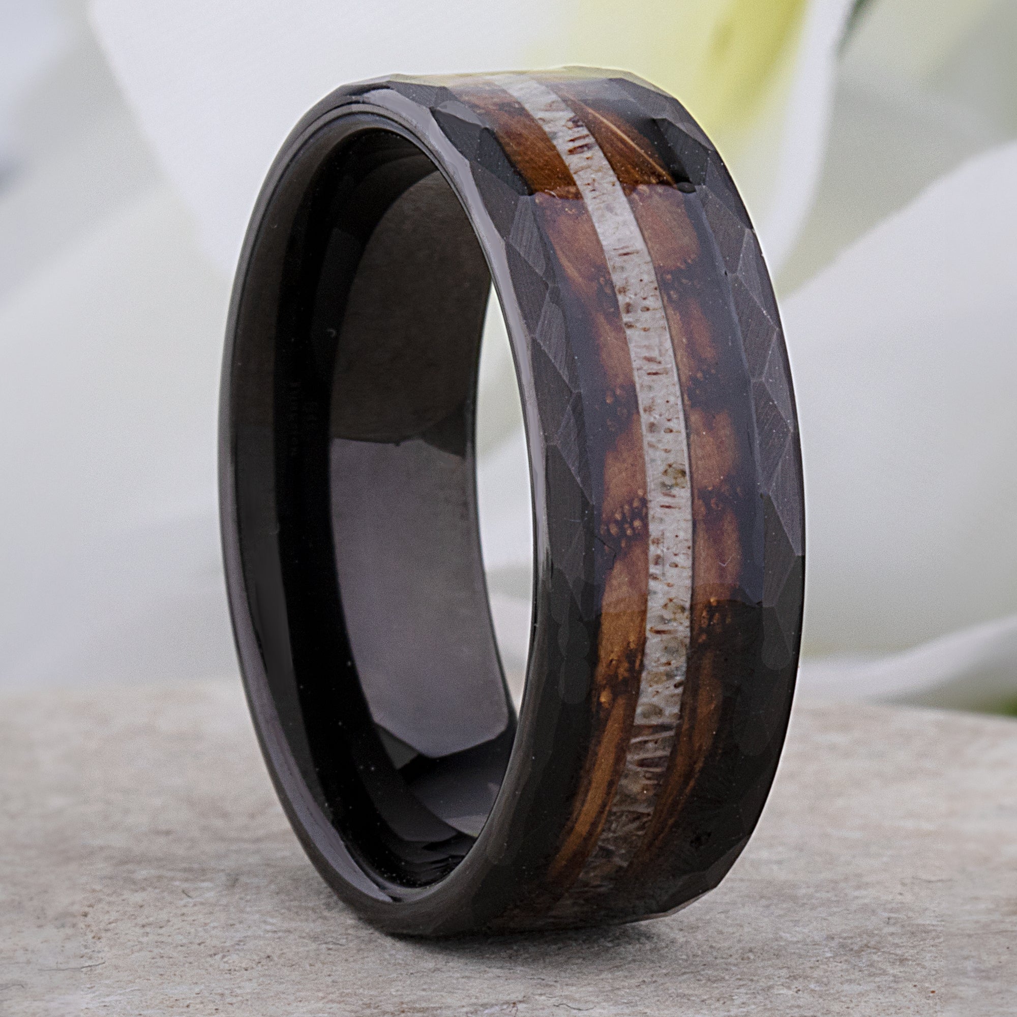 Black Tungsten Men’s Ring, Whiskey Barrel Wood with Deer Antler Inlay, Men's Tungsten Wedding Bands, Tungsten Band with Faceted 2024 Edges