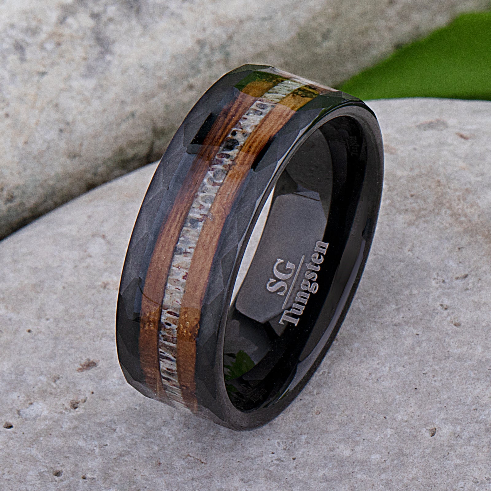 Charred Oak Whiskey Barrel and Deer Antler Inlay Tungsten Carbide Men's Wedding Ring 8mm Wide