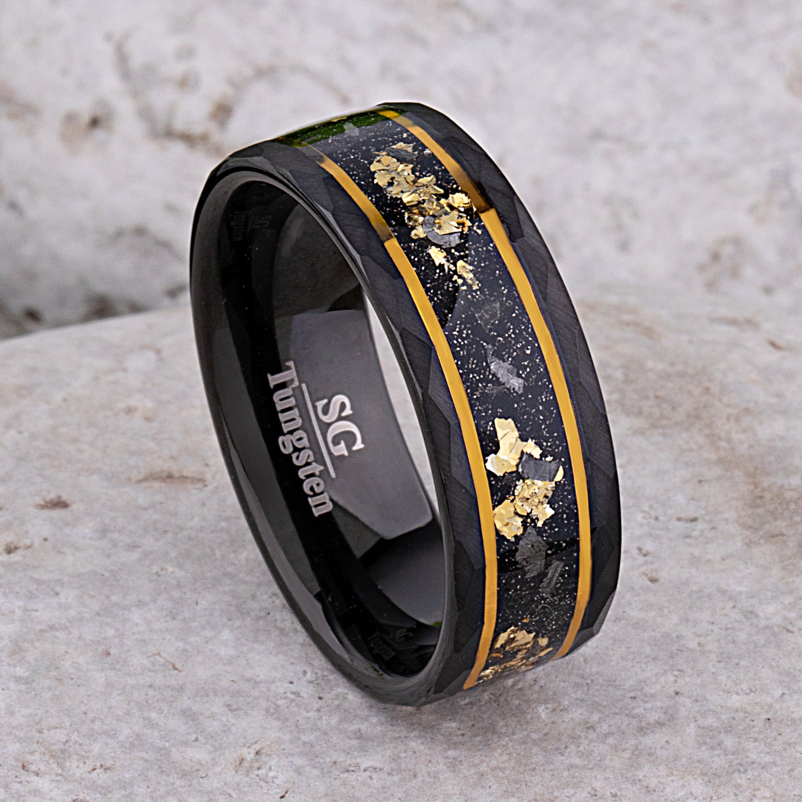 Yellow Gold Leaf & Meteorite Inlay Black Tungsten 8mm Width