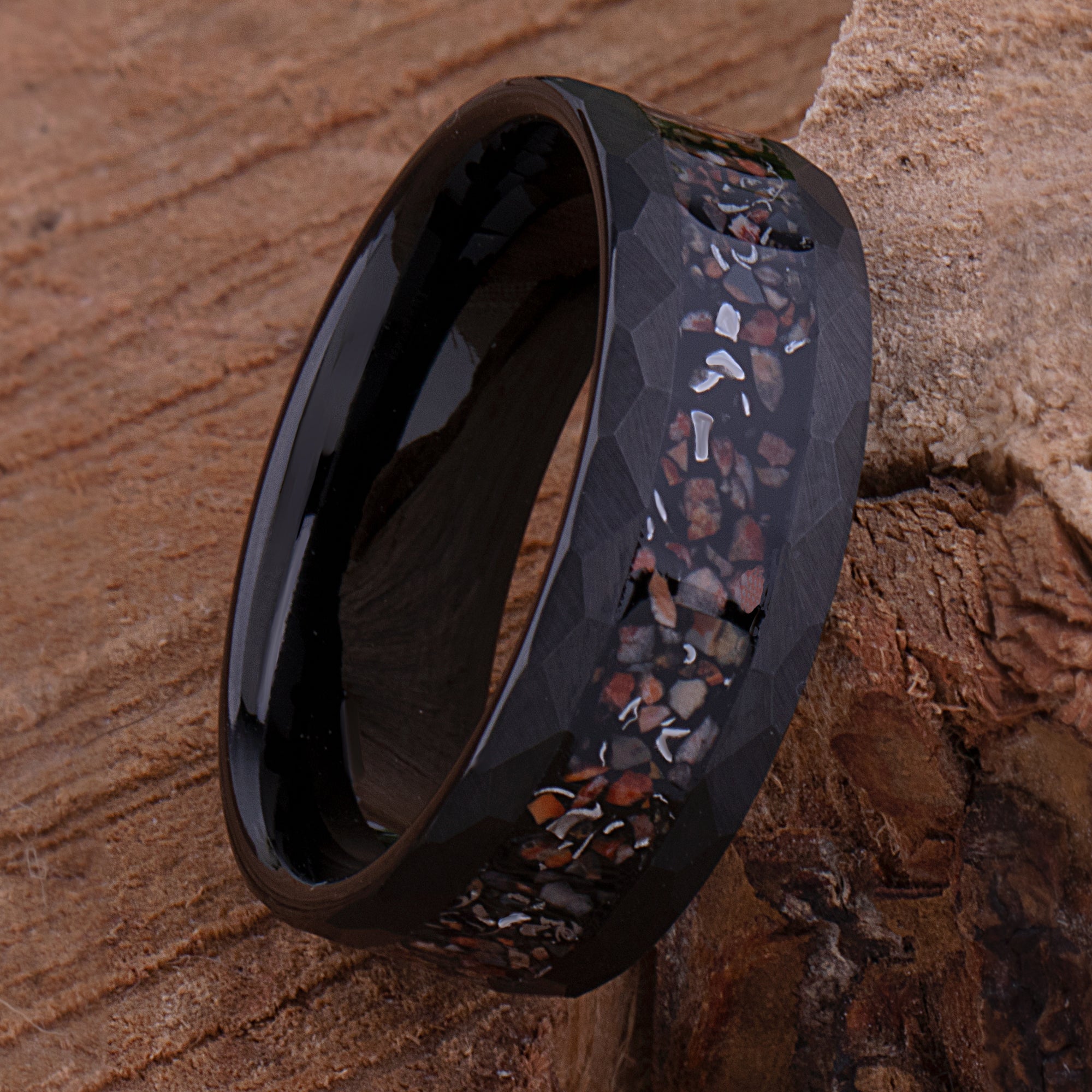 Whisky Barrel Wedding Ring Mens Silver Tungsten Dinosaur Bone Ring