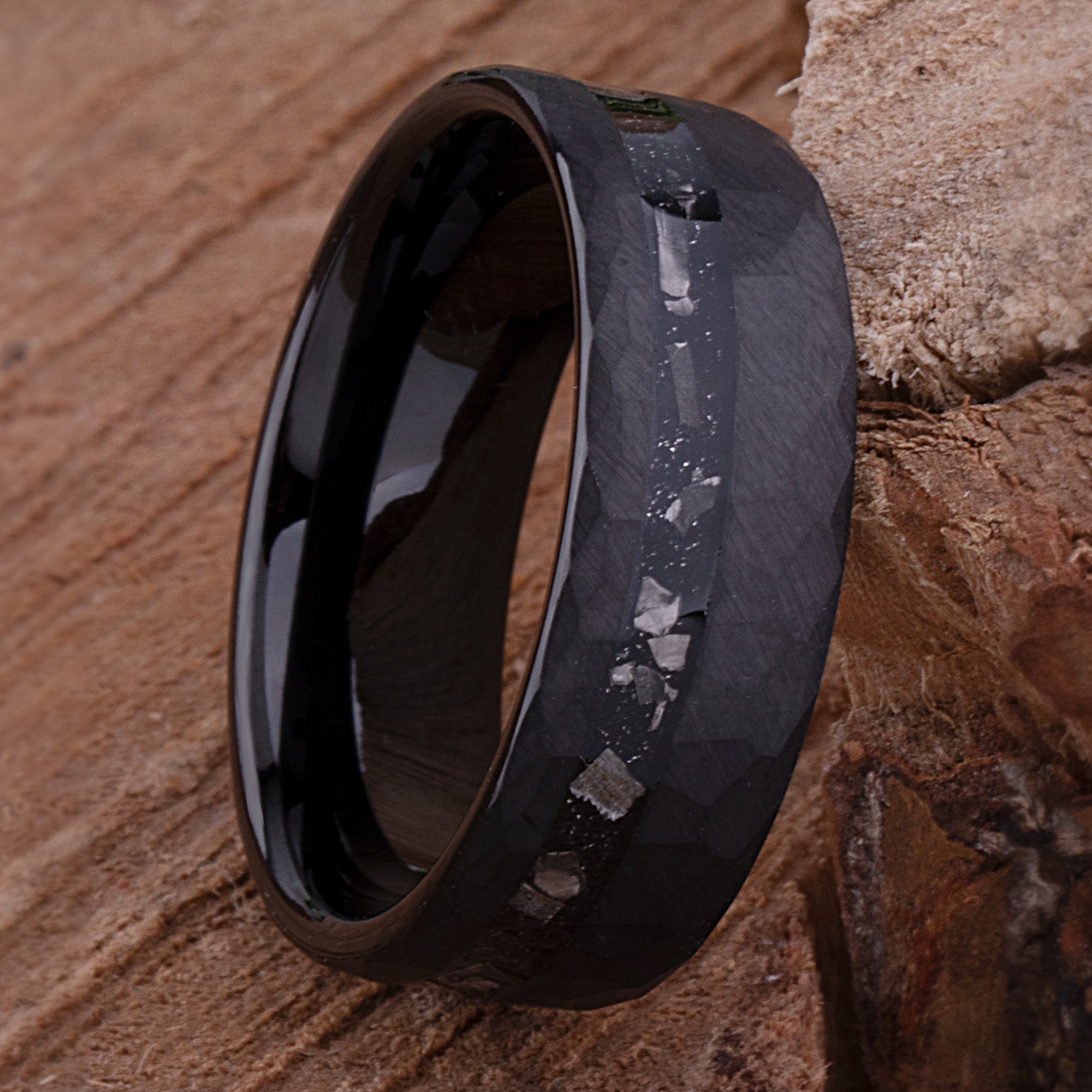 Men's Black Tungsten Wedding Band With Meteorite & Wood Inlay - 8mm Comfort Fit, Sizes 6-13, Brushed Finish - View #6
