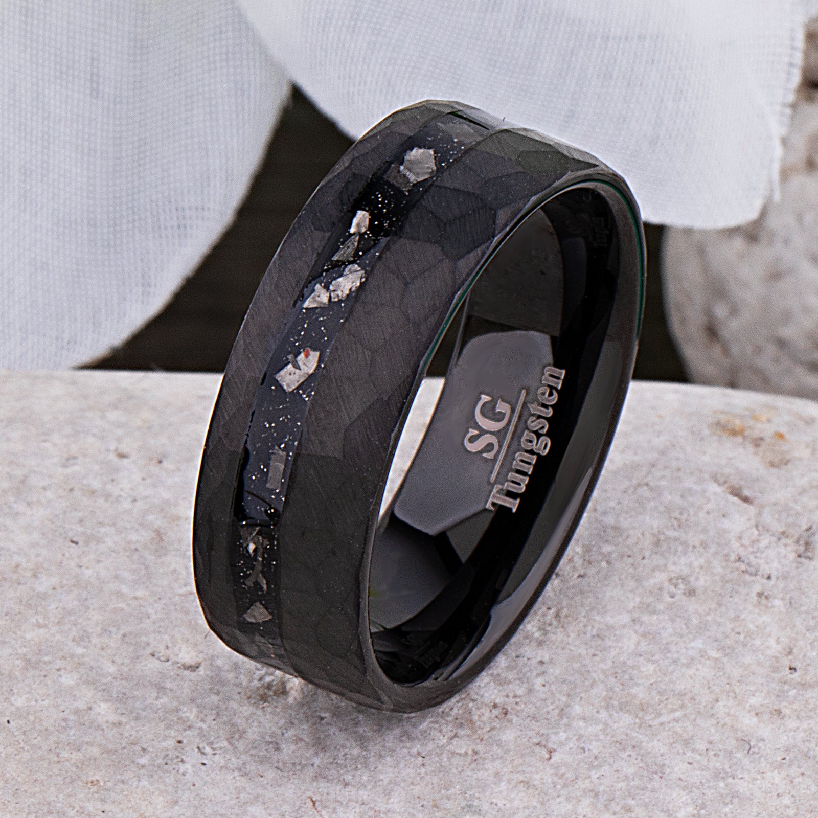 Meteorite Mens Faceted Black Tungsten Wedding Band 8mm, Engagement Anniversary Proposal Promise Ring, Premium Quality, Perfect Gift for Him