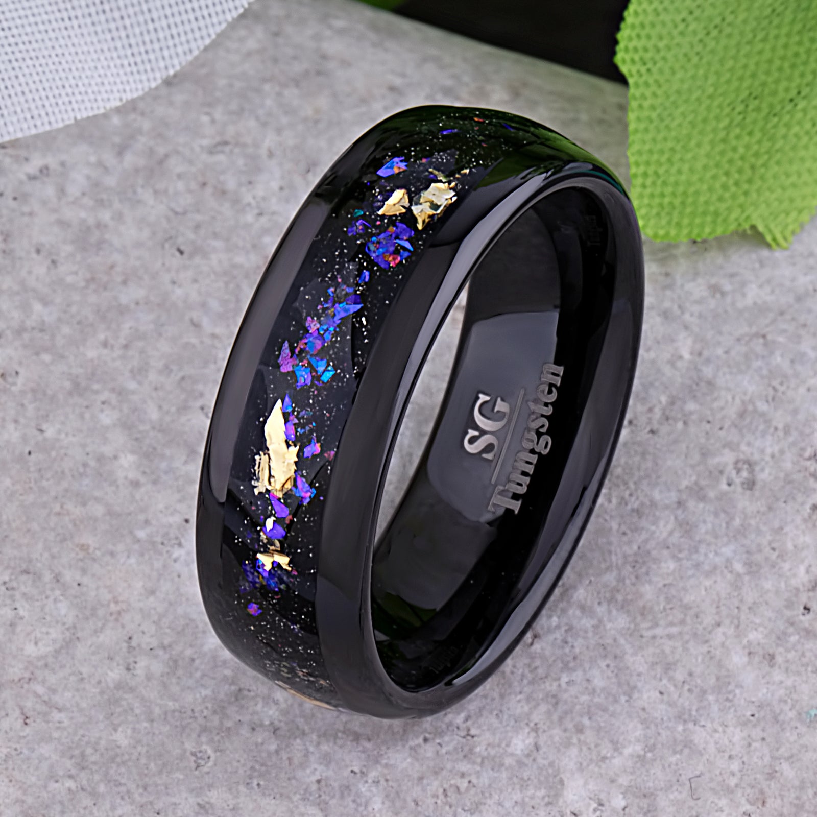 Gold Leaf and Crushed Sandstone Celestial Galaxy Black Tungsten Wedding Band 8mm Wide that Mimics the Orion Nebula