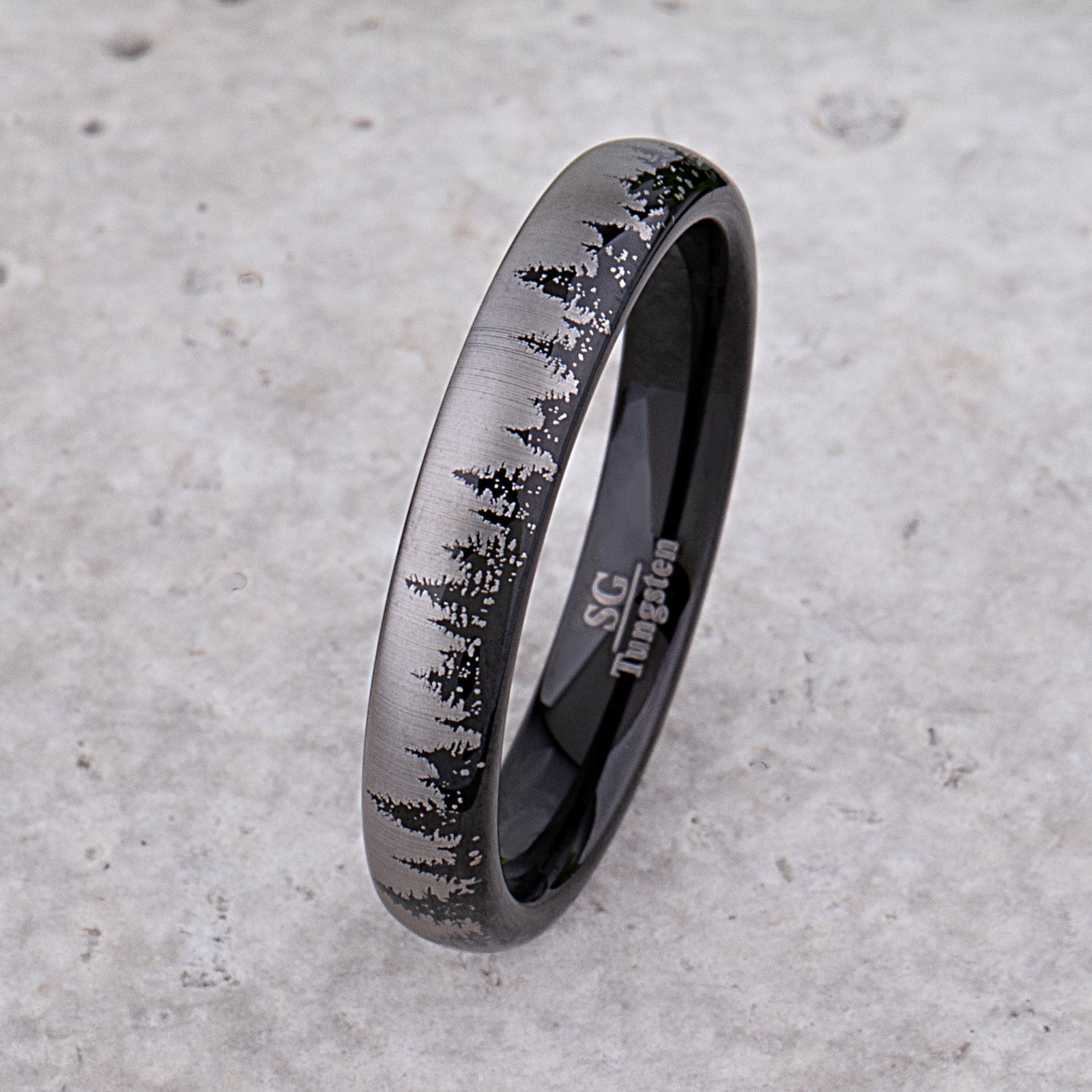 Forest Tungsten Ring with Pine Tree Design in Black & Silver - 4mm Width