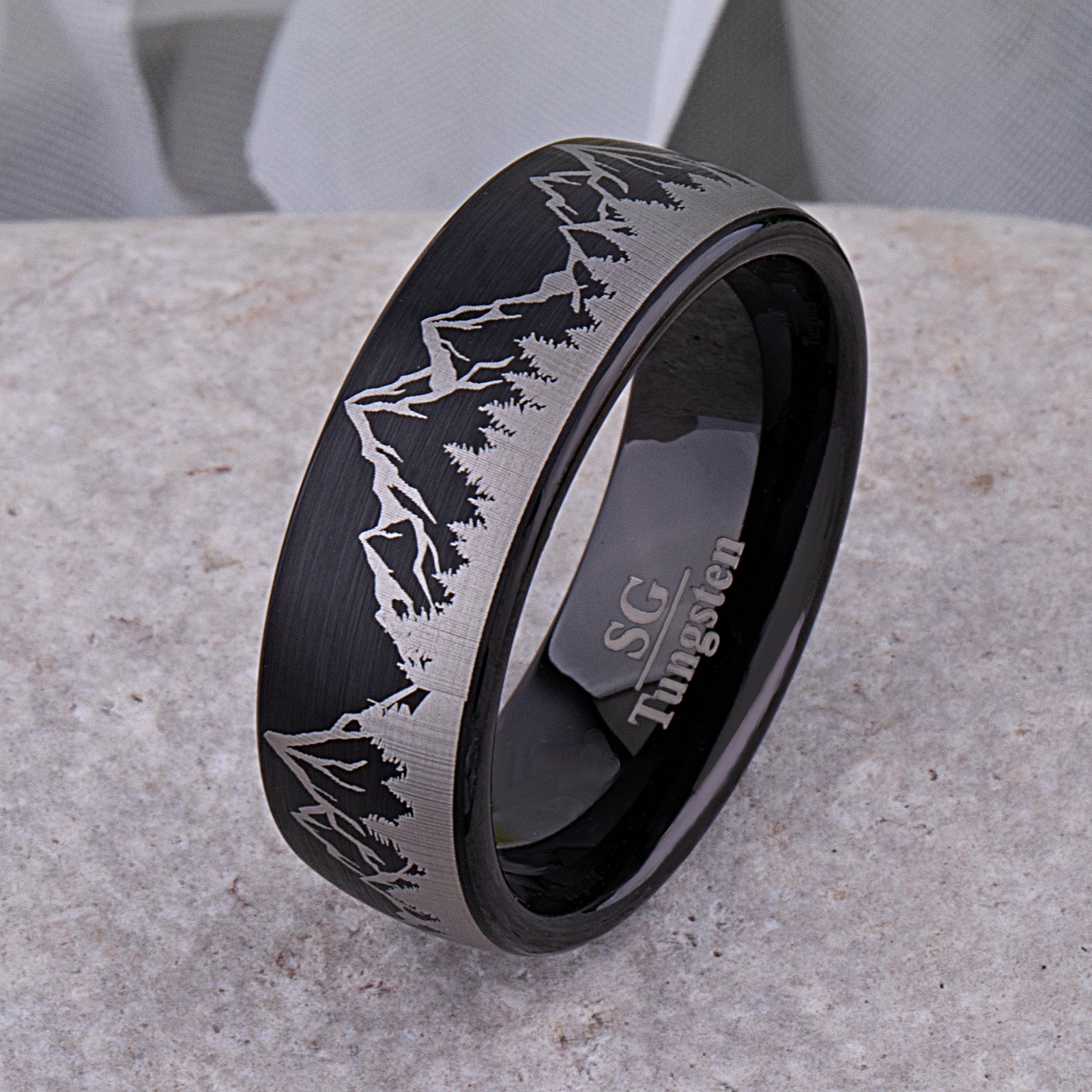 Mountain Design Black Tungsten Nature Ring - 8mm Width
