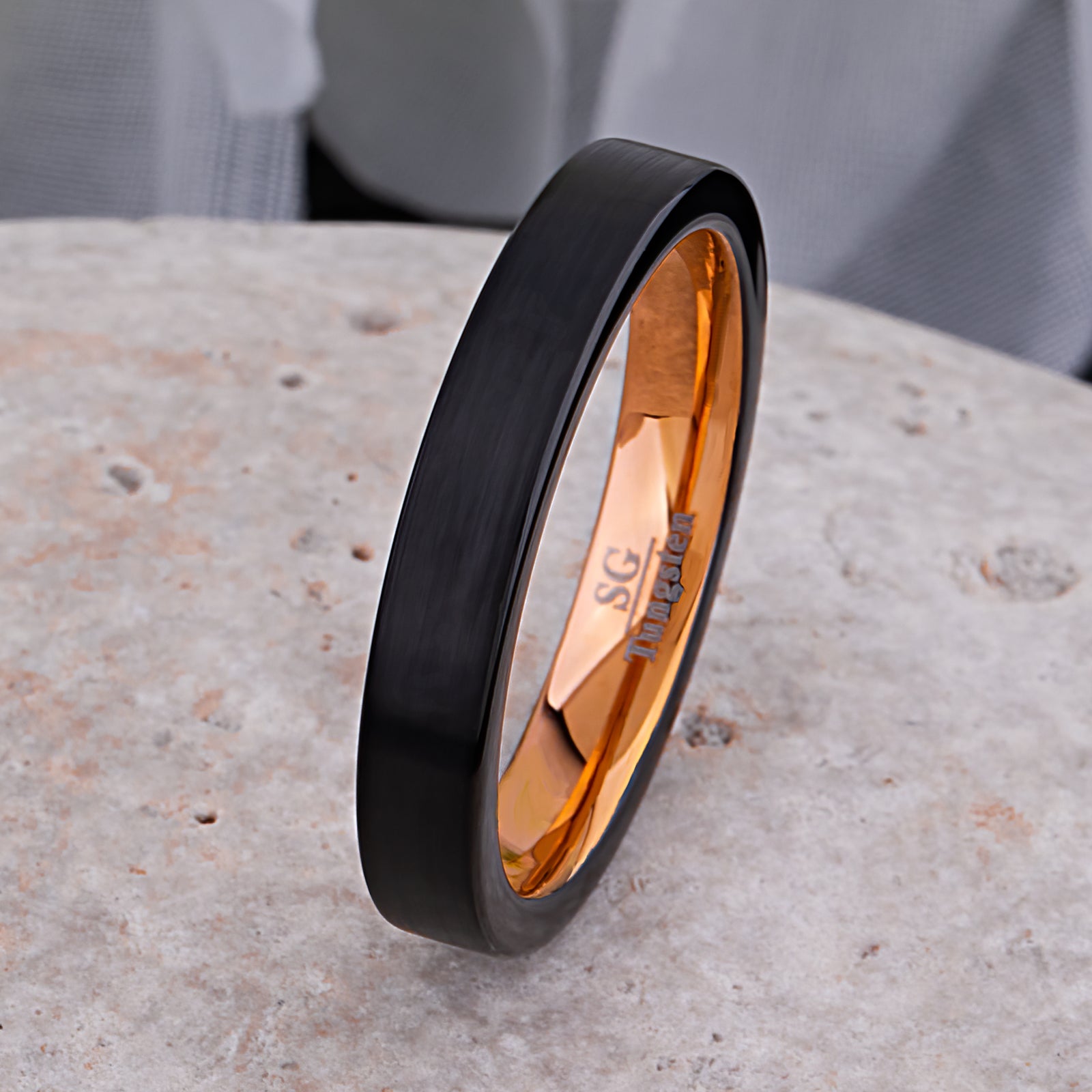 Unisex Black and Rose Gold Tungsten Wedding Ring - 4mm Width
