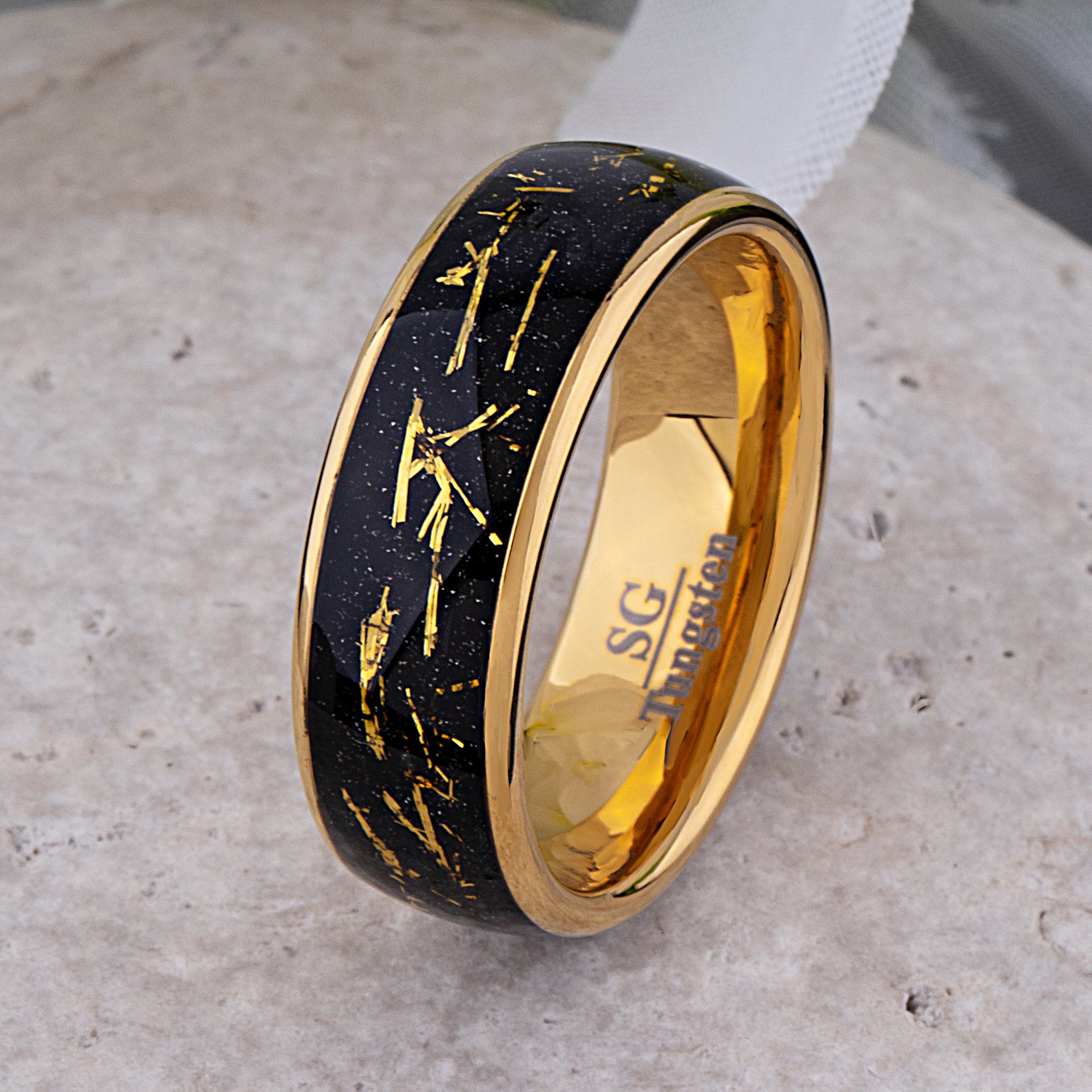 Yellow Gold Leaves Black Wedding Band