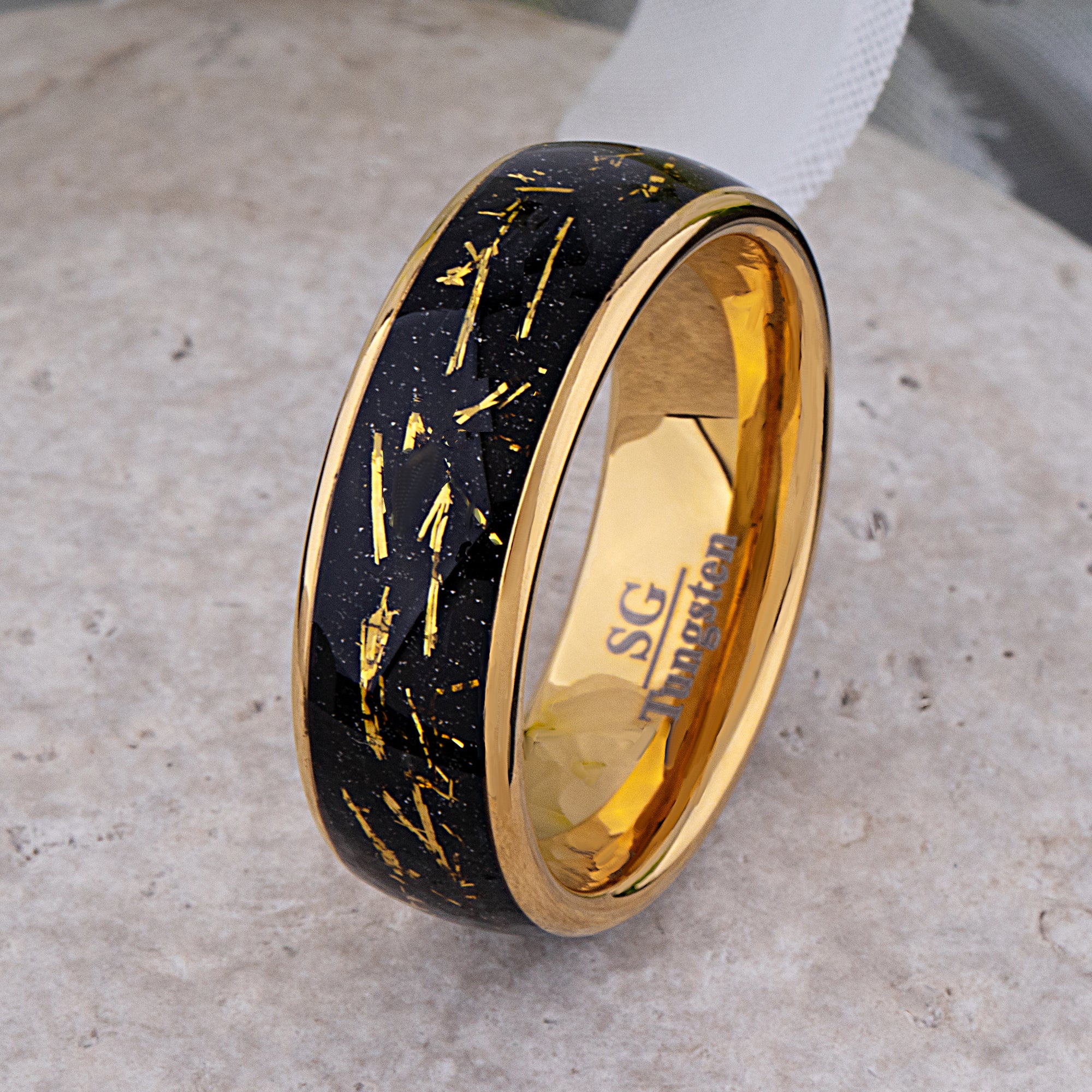 Yellow Gold Leaf and Black Sandstone Tungsten Wedding Band - 8mm Width - TCR234