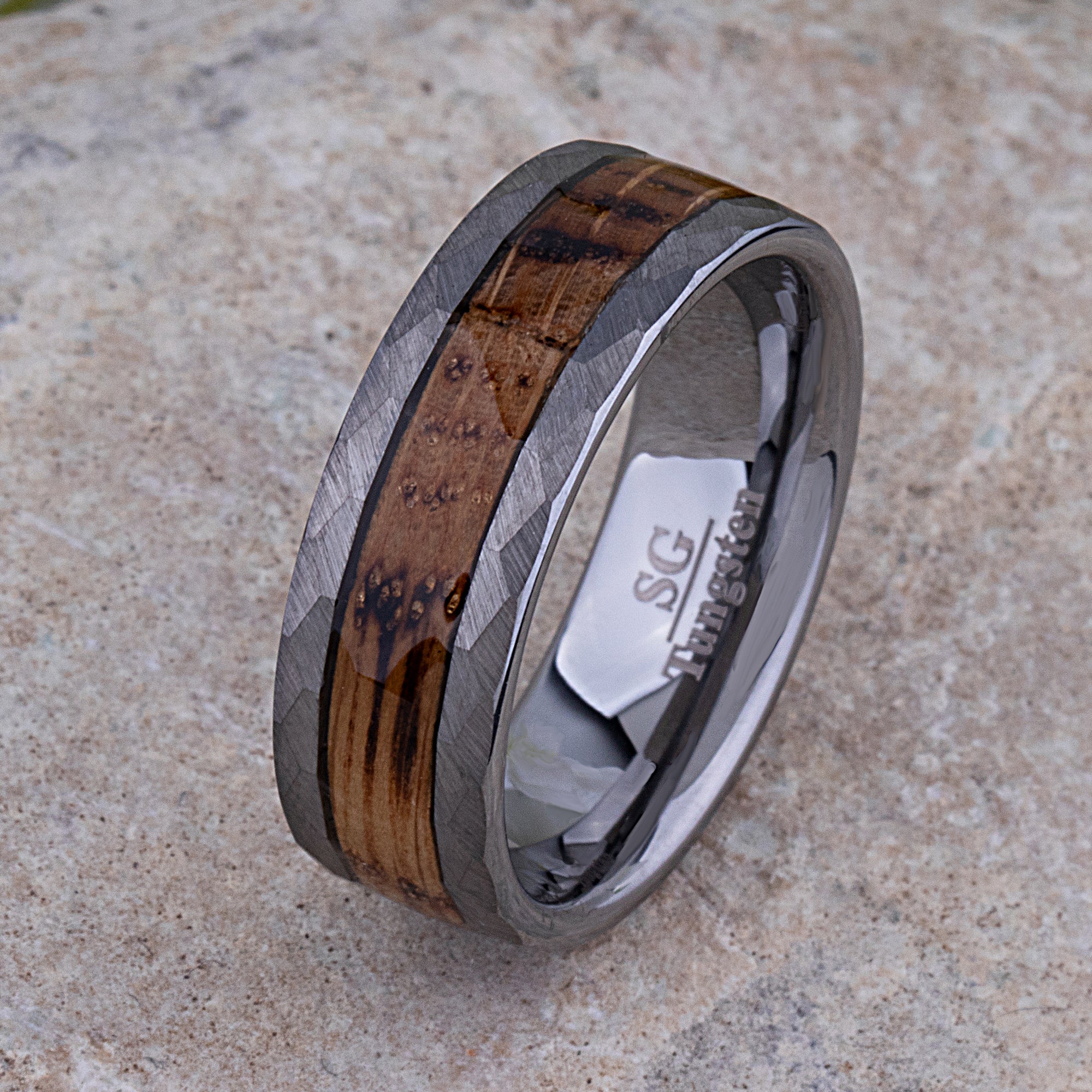 Men's Black Tungsten Wedding Band with Unique Whiskey Barrel, Blue