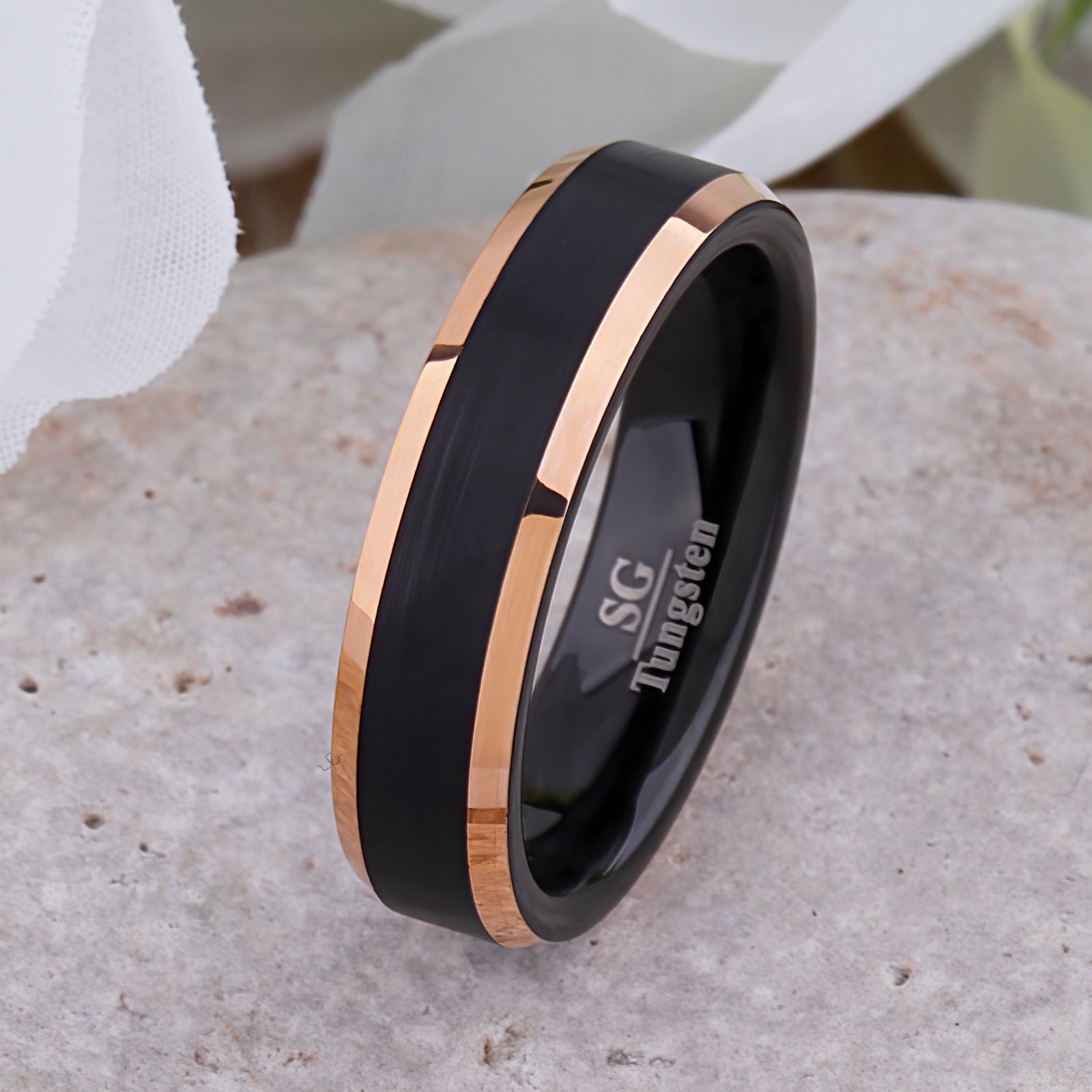 Black and Rose Gold Tungsten Wedding Ring - 6mm Width