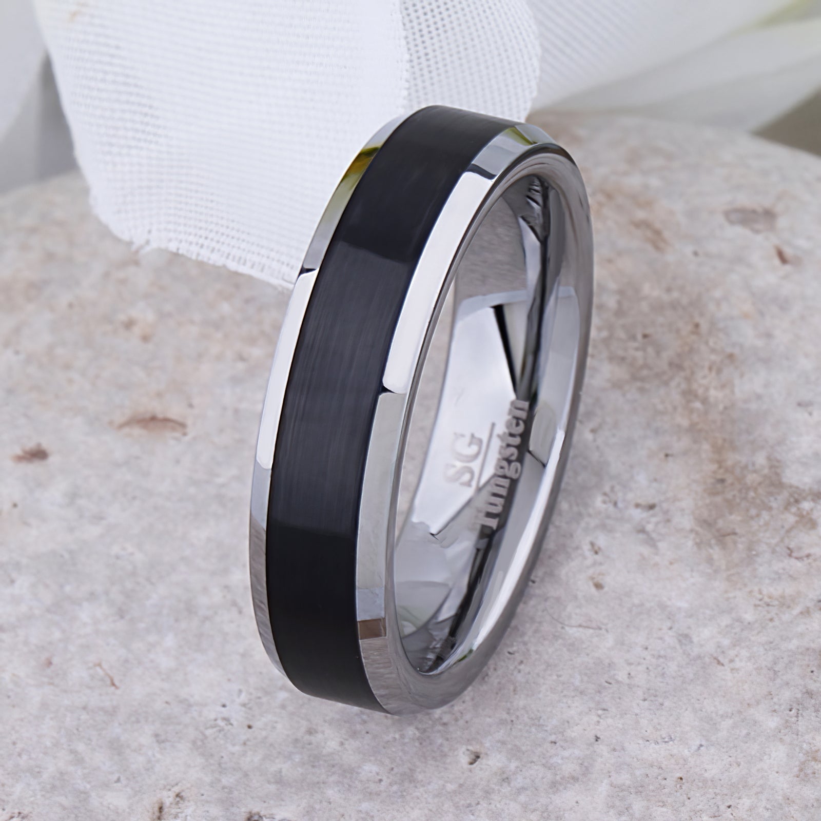 Black and Silver Tungsten Wedding Ring - 6mm Width