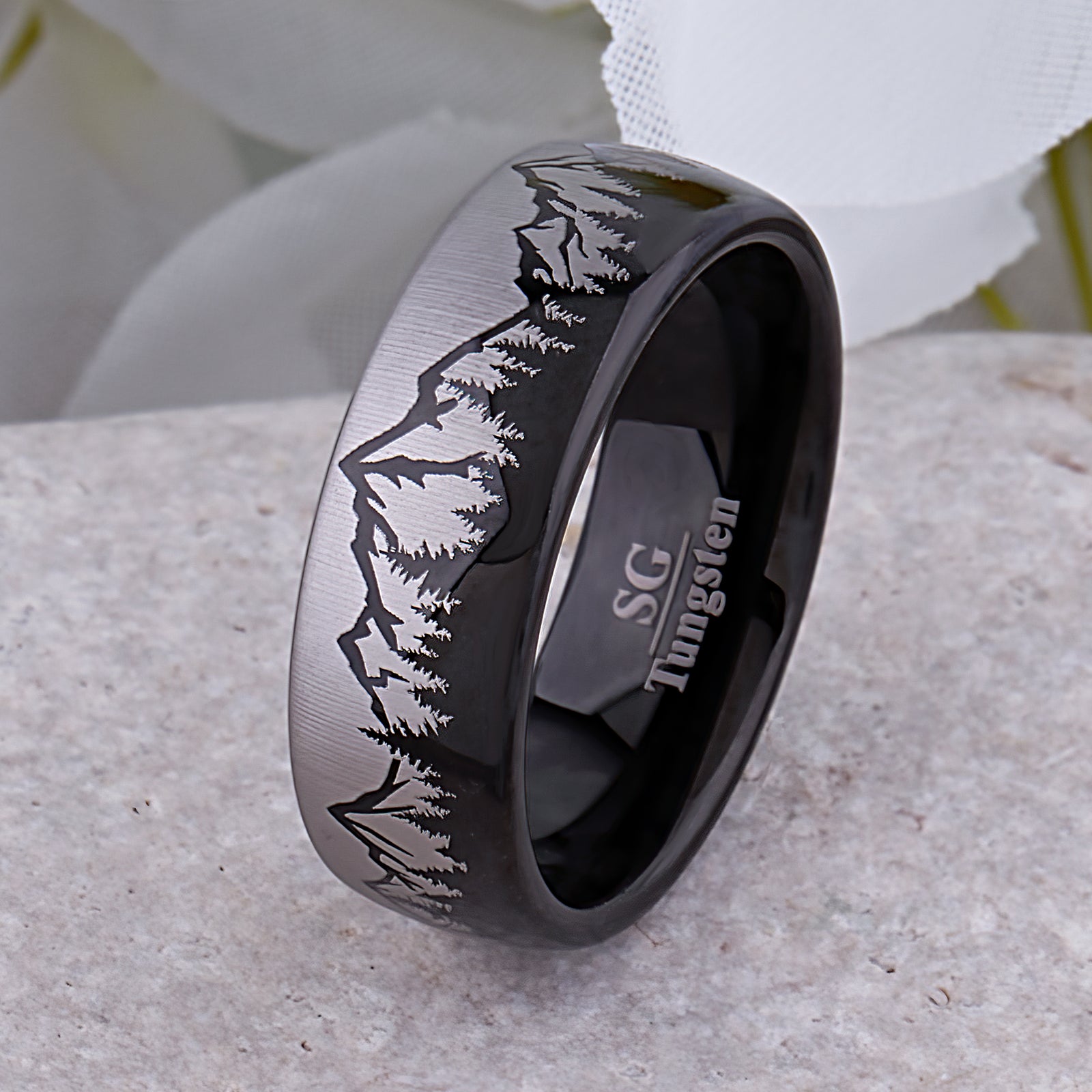 Mountain Design Black Tungsten Nature Ring - 8mm Width