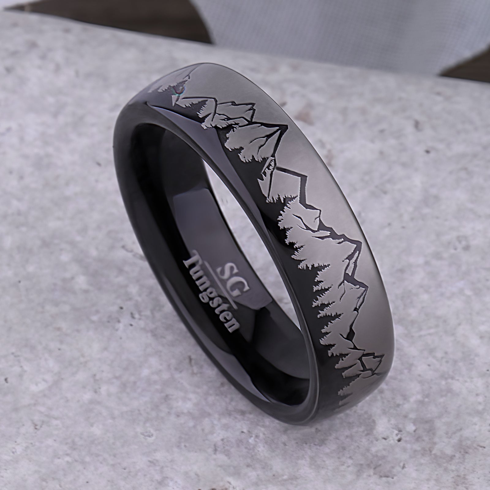 Mountain Design Black Tungsten Nature Wedding Ring - 6mm Width