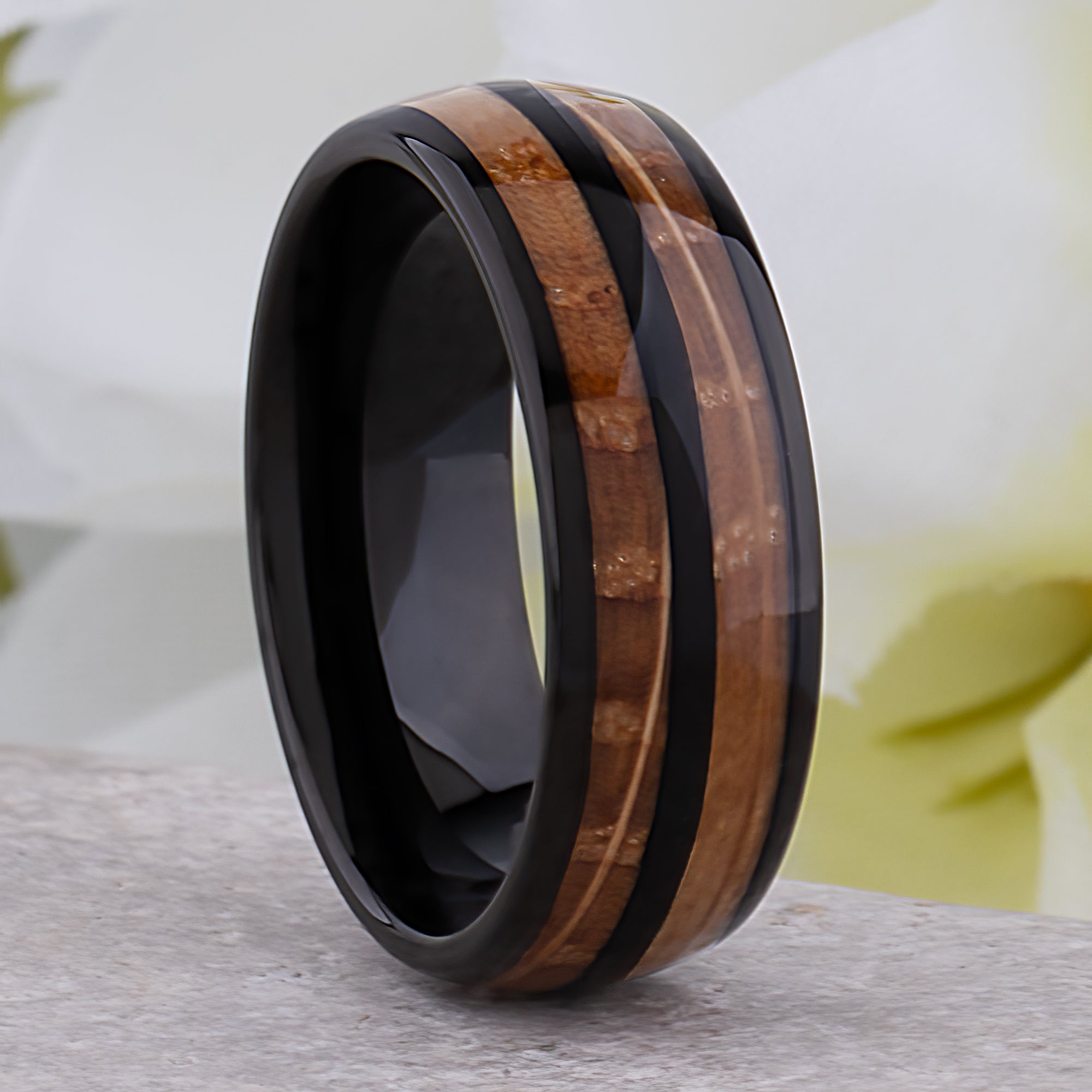 Whiskey Barrel Black Tungsten Wedding Band Ring, Whiskey Barrel on sale Ring, Black Tungsten Ring for Men, Black Ring with Whiskey Barrel Inlay Gift