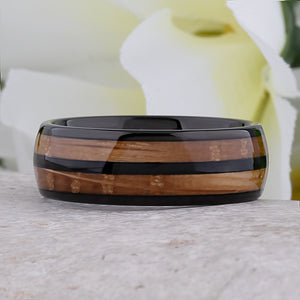 Black Tungsten Ring with Whiskey Wood Inlay - 8mm Width - TCR247