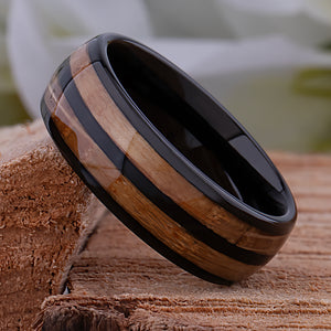 Black Tungsten Ring with Whiskey Wood Inlay - 8mm Width - TCR247