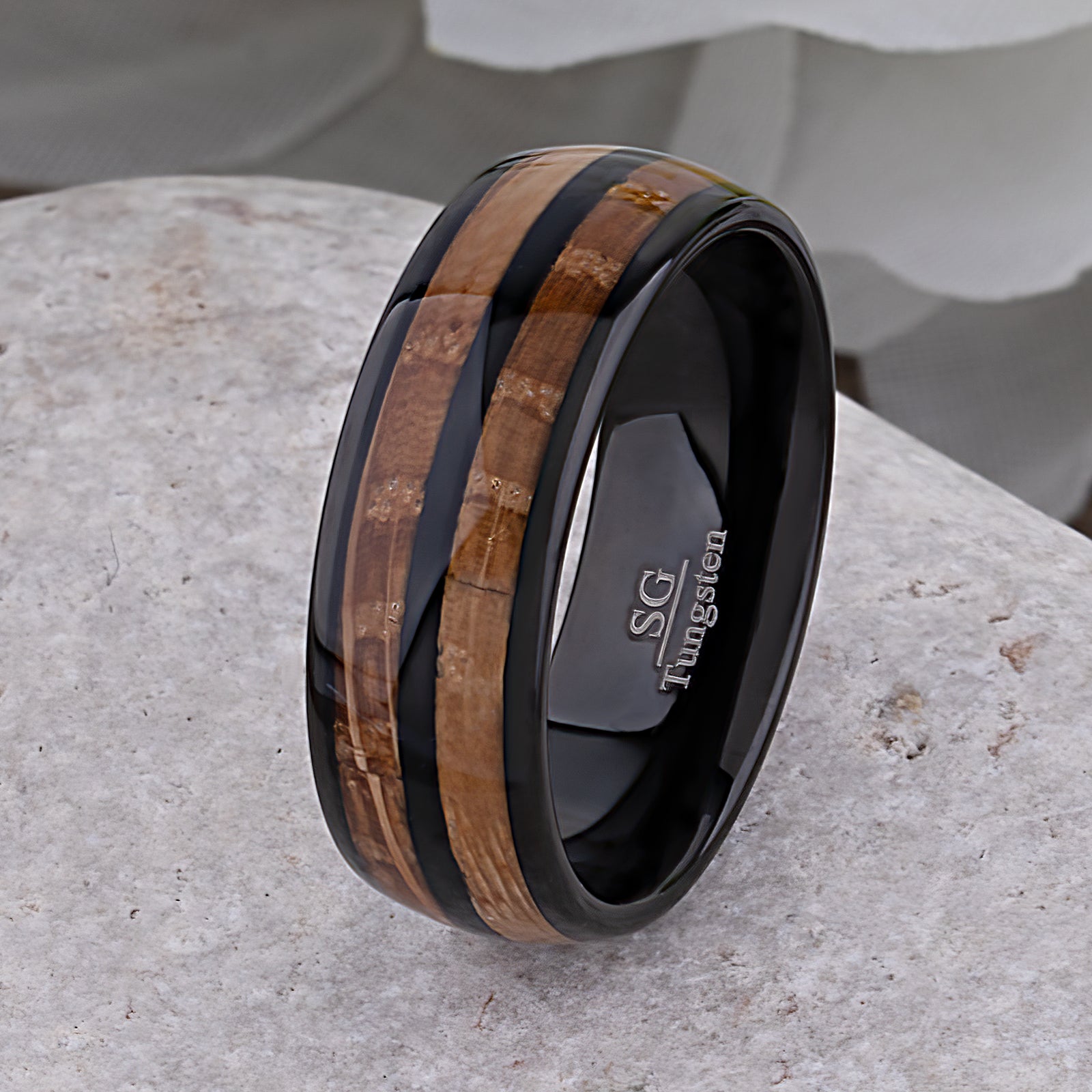 Black Tungsten Ring with Whiskey Barrel Wood Inlay - black tungsten and wood engagement band or wedding ring or promise band