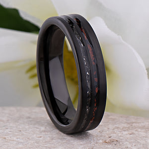 Dinosaur Bone and Meteorite Black Tungsten Wedding Band - 6mm Width - TCR248