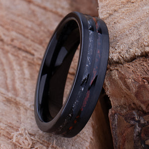 Dinosaur Bone and Meteorite Black Tungsten Wedding Band - 6mm Width - TCR248