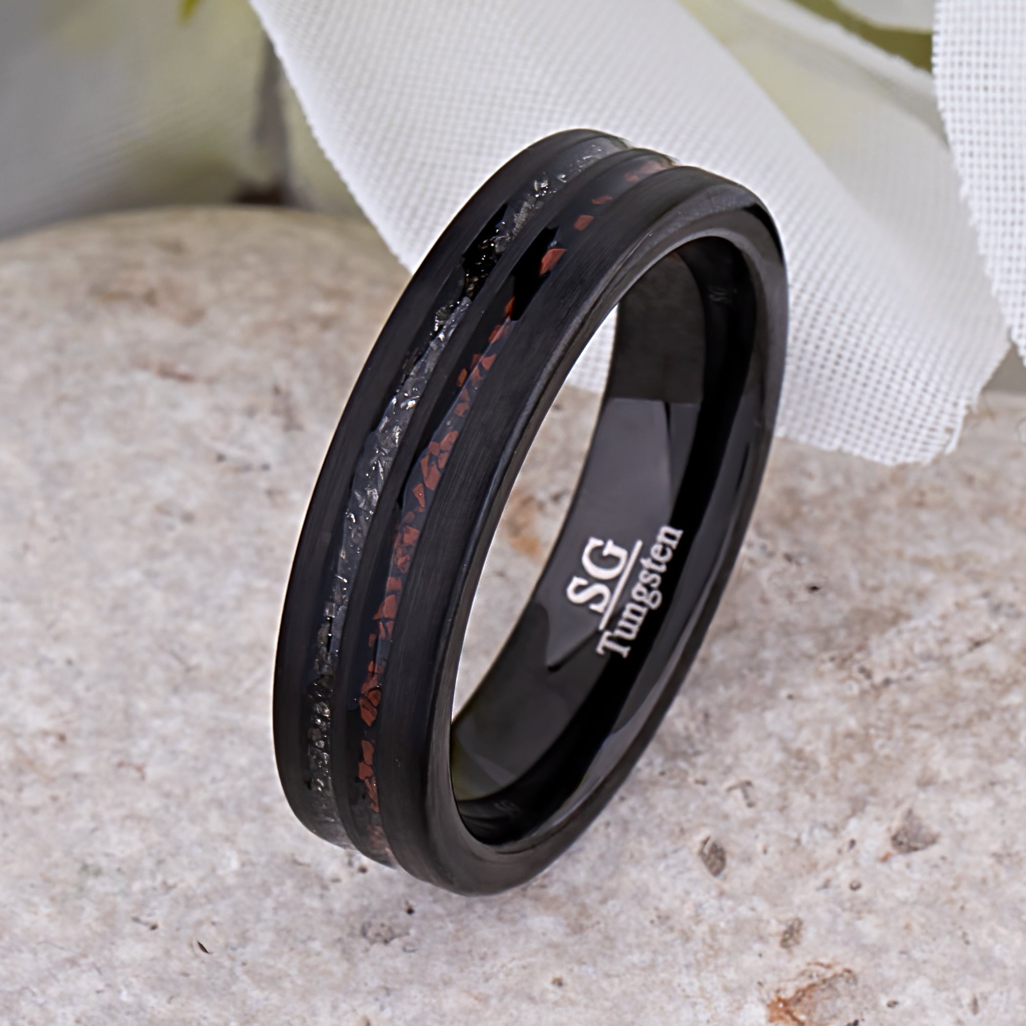 Dinosaur Bone and Meteorite Black Tungsten Wedding Band - 6mm Width - TCR248