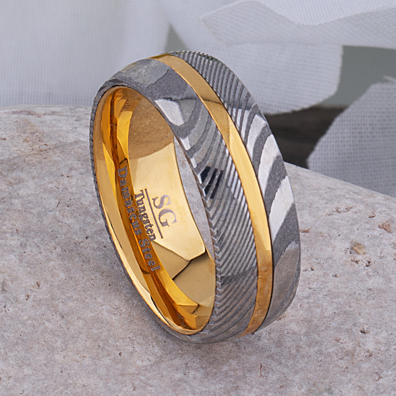 Damascus Steel and Yellow Gold Tungsten Wedding Band - 8mm Width