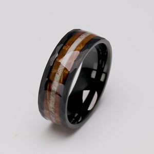 Black Tungsten Ring with Charred Whiskey Barrel Wood and Deer Antler Inlay - 8mm Width - TCR221