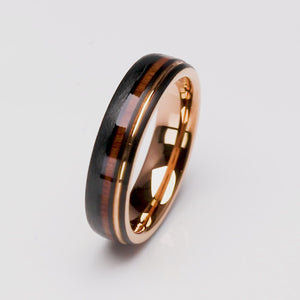 Black and Rose Gold Tungsten Ring with Rosewood Inlay - 6mm Width - TCR232