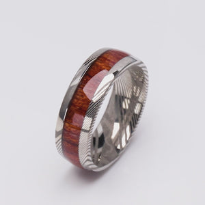 Damascus Steel Men's Weddings Band with Red Padauk Wood Inlay - 8mm Width - DSR001