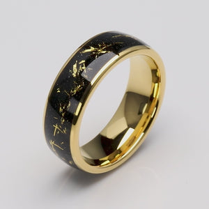 Yellow Gold Leaf and Black Sandstone Tungsten Wedding Band - 8mm Width - TCR234