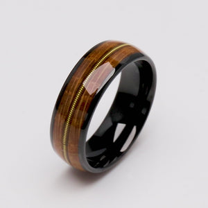 Black Tungsten Ring with Whiskey Barrel Wood and Guitar String - 8mm Width - TCR214