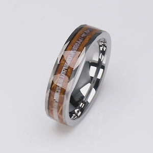 Tungsten Wedding Band 6mm: Whiskey Barrel Wood & Deer Antler Inlay - TCR107
