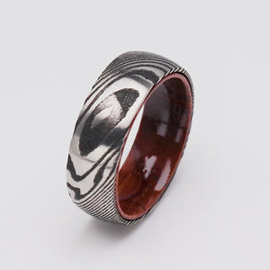 Damascus Steel Men's Weddings Band with Red Padauk Wood Interior - 8mm Width - DSR003