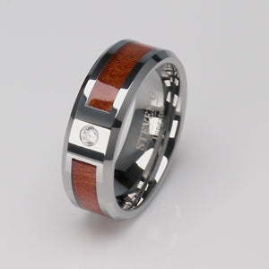 Tungsten Ring with Koa Wood & 3mm CZ - 8mm Width - TCR084