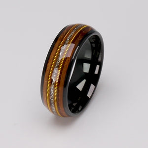 Black Tungsten Ring with Whiskey Barrel, Meteorite and Guitar String - 8mm Width - TCR017