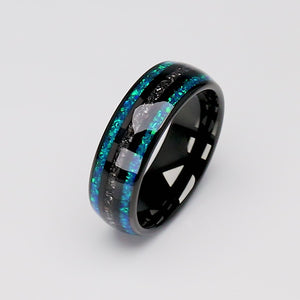 Black Tungsten Wedding Band with Meteorite & Greenish Blue Opal Inlay - 8mm - TCR045