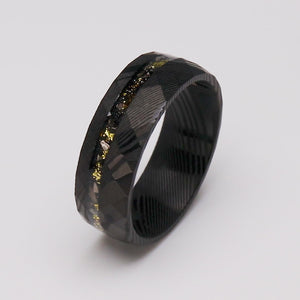 Black Damascus Steel Men's Weddings Band with Meteorite, Gold Leaf, Sandstone - 8mm Width - DSR002