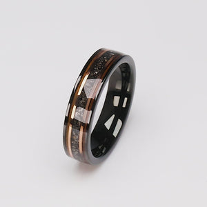 Black Tungsten Band with Meteorite & Whiskey Barrel Wood Inlay - 6mm - TCR049