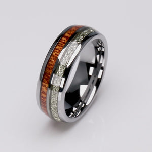 Tungsten Band with Koa Wood and Man Made Meteorite - 8mm Width - TCR103